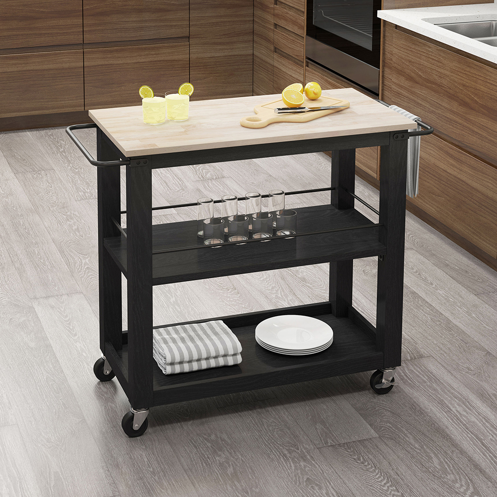 43in Black Kitchen Cart With Rubberwood