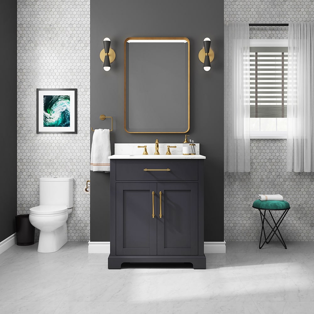 30in Onyx Black And Brass Single Sink Bathroom Vanity