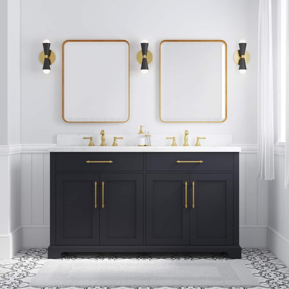 60in Onyx Black And Brass Dual Sink Bathroom Vanity | Whalen Furniture