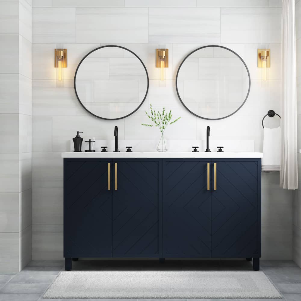 60in Deep Blue And Gold Dual Sink Bathroom Vanity