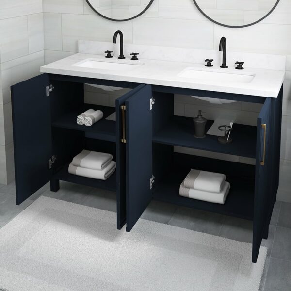 60in Deep Blue And Gold Dual Sink Bathroom Vanity